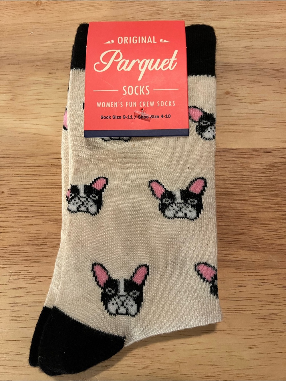 Women's Fun Crew Socks - Beige with Black & Pink Boston Terrier Dog Design